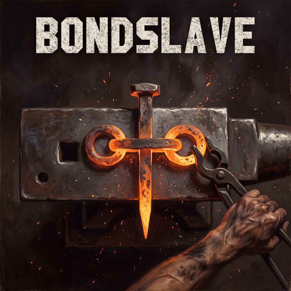 Bondslave album cover: a dark oil painting of a blacksmith's scarred hand holding the band's nail-and-chain mark, glowing orange-hot, on an anvil, with BONDSLAVE in bone-white letters above.