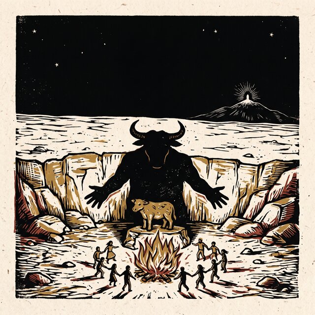 Linocut of a small golden calf by a fire with people dancing round it, while its shadow on the cliff behind rises as a huge horned giant; one small true light shines on the far mountain.