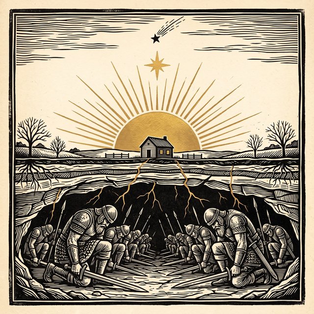 Woodcut-style cutaway: a small farmhouse on the horizon before a gold rising sun and a morning star, and beneath the ground a cavern of armoured giants kneeling with their swords and spears laid down.